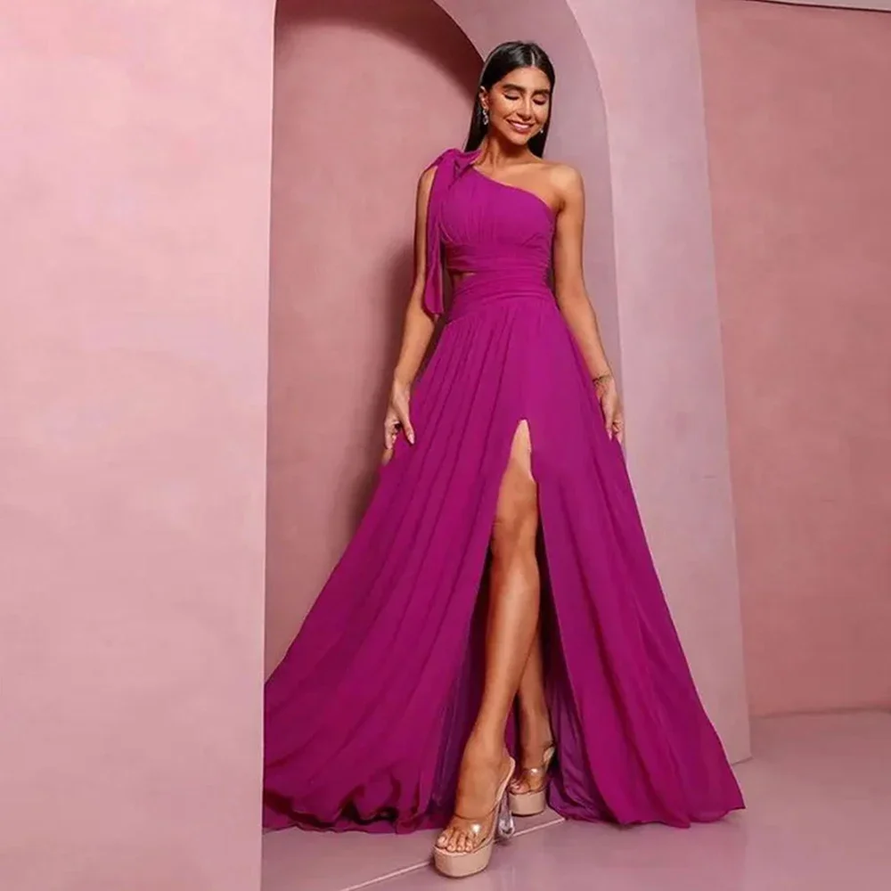 

Elegant One-shoulder A-line Prom Dresses Draped Chiffon Floor length Evening Bows فساتين للحفلات الراقصة vestidos de