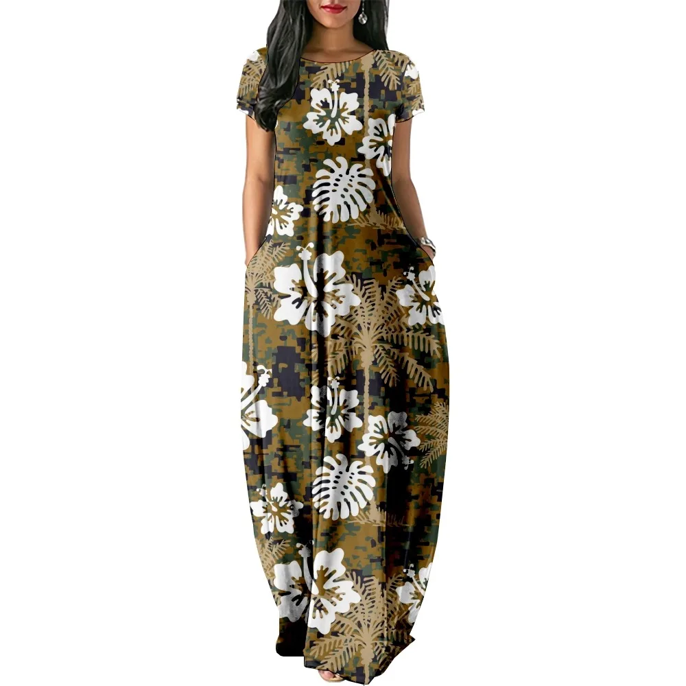 Camouflage flowers Print Women Casual Short Sleeve Dress Loose Long Double Pocket Beach Vacation DressWoman Dress