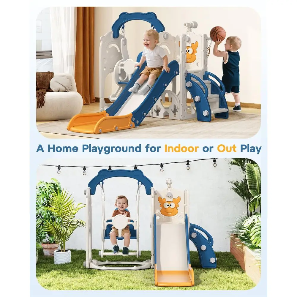 ชุดของเล่นเด็กวัยหัดเดิน 7-in-1: สไลเดอร์ในร่ม/กลางแจ้ง, ชิงช้า, ที่ปีนป่าย, ของเล่นกีฬาสำหรับเด็กอายุ 1 ปีขึ้นไป, สีน้ำเงินและสีเหลือง