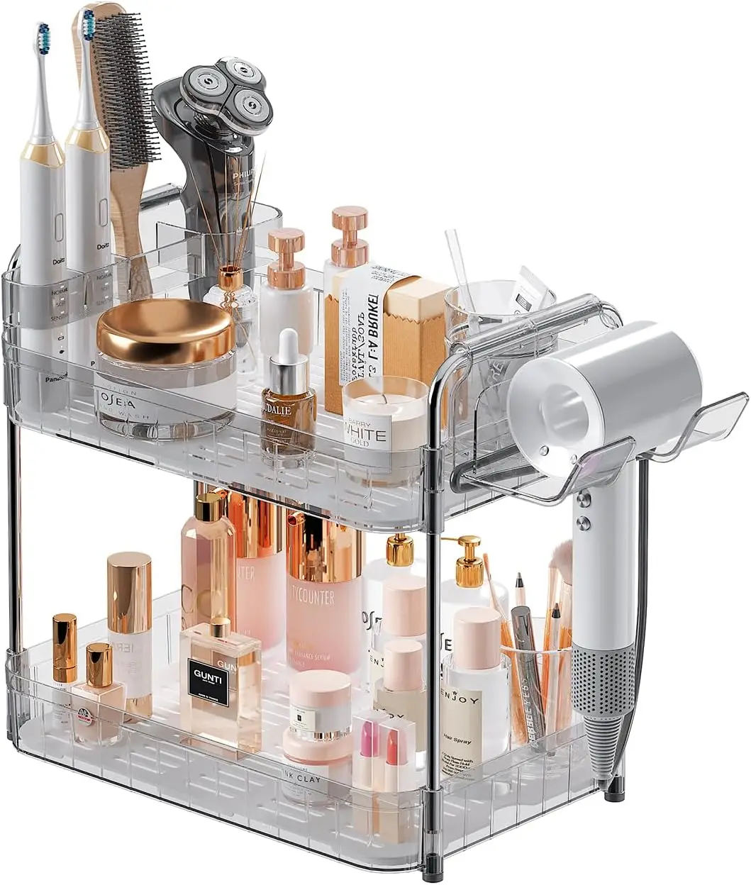 

Makeup Counter Organizer With Hair Dryer Holder, Bathroom Countertop Storage, Cosmetics Skincare And Personal Hygiene