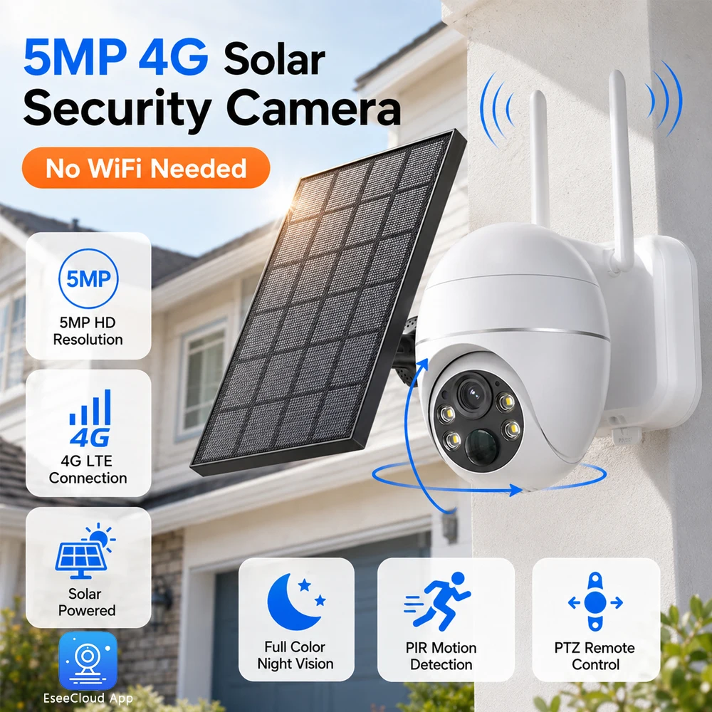 

5MP 4G LTE Solar Security Camera Outdoor PTZ Camera With Color Night Vision PIR Motion Detection Two Way Audio IP66 Waterproof Built-in Battery Surveillance Camera