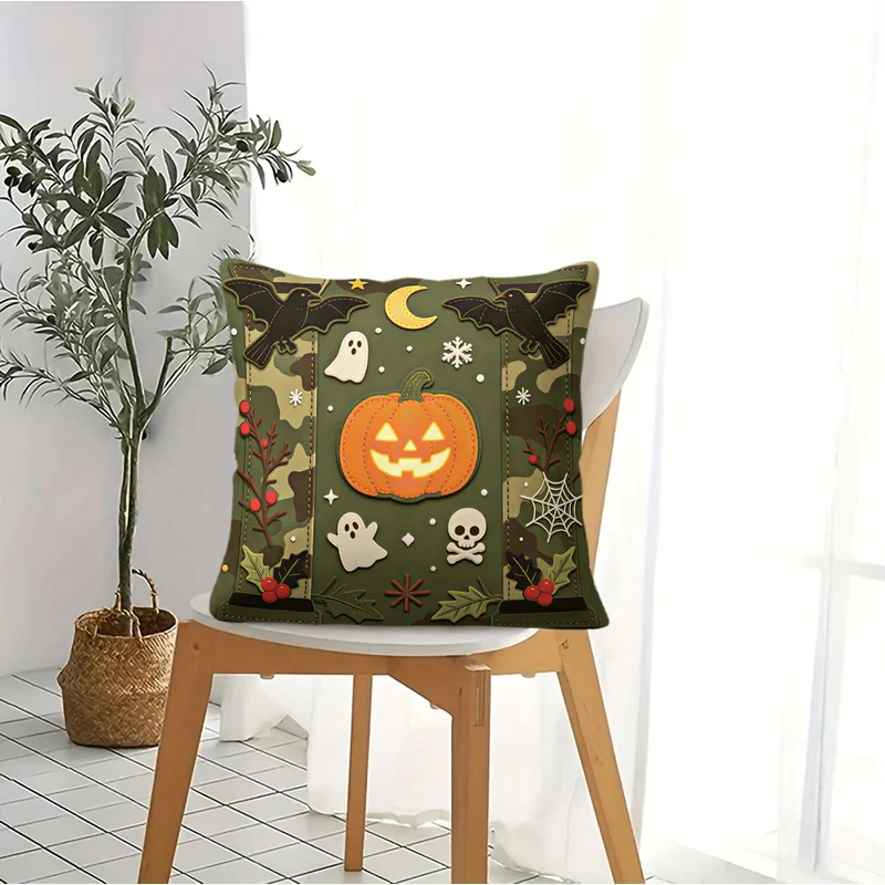 Camo Green Halloween Throw Pillow With Pillow Insert Vintage Pumpkin Bat Ghost Crow Patch Print Cushion Fashion Sofa Bed Decor