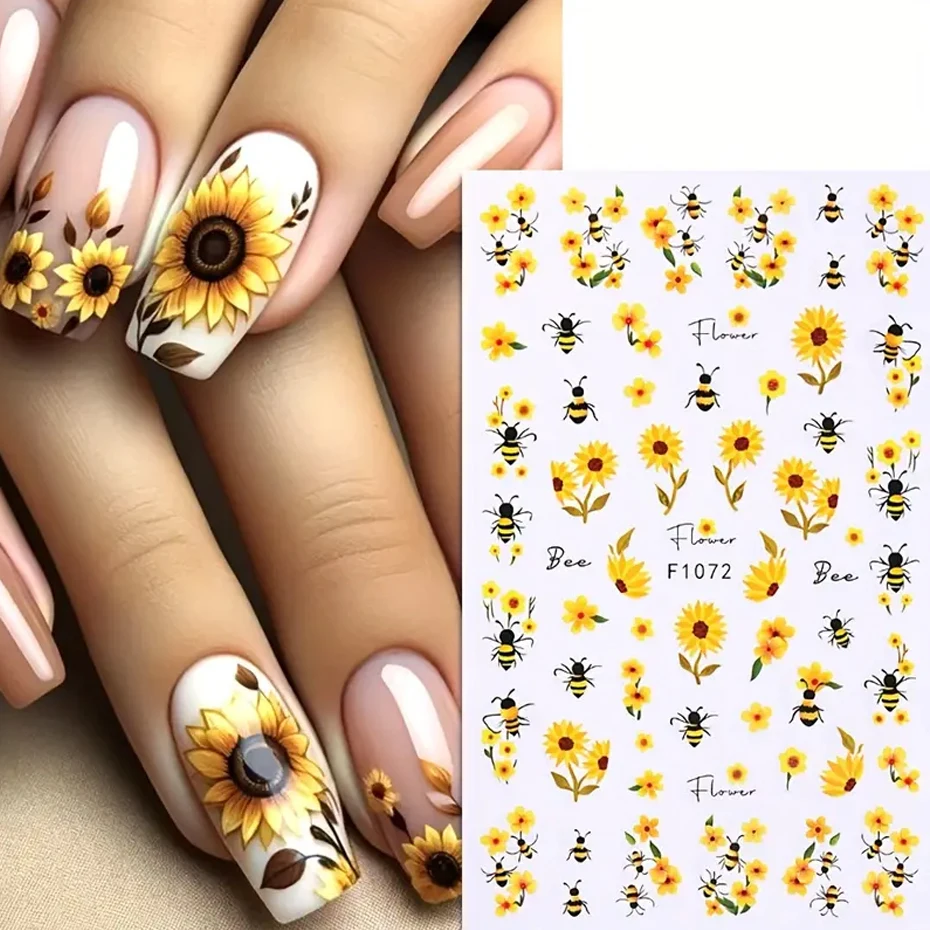 2pcs Sunflower Nail Art Sticker Yellow Flowers Bee Adhesive Decal French Stripe Line Star Manicure Slider