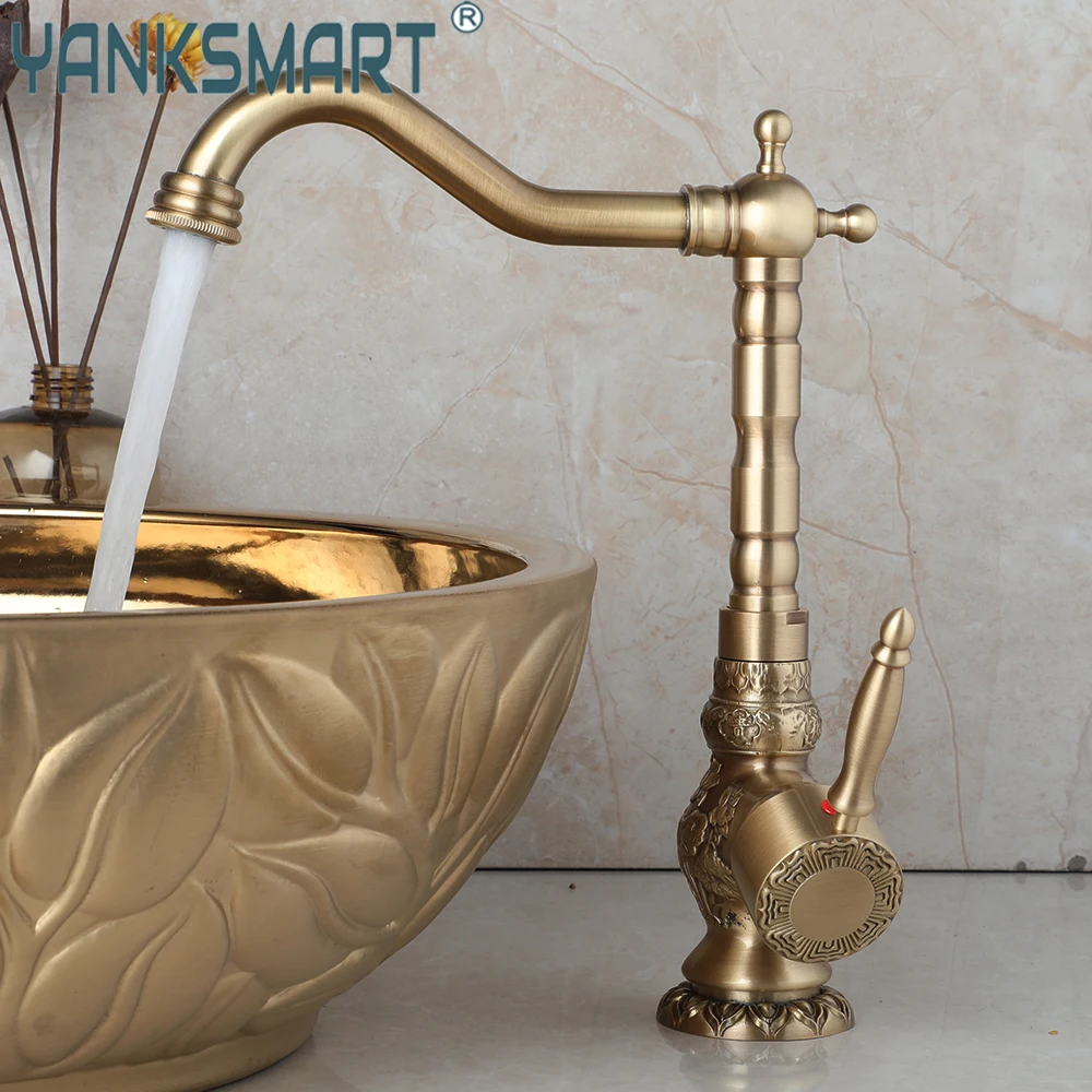 YANKSMART Antique Brass Bathroom Faucet 360 Swivel Washbasin Deck Mounted Faucets Vanity Hot and Cold Sink Mixer Water Tap