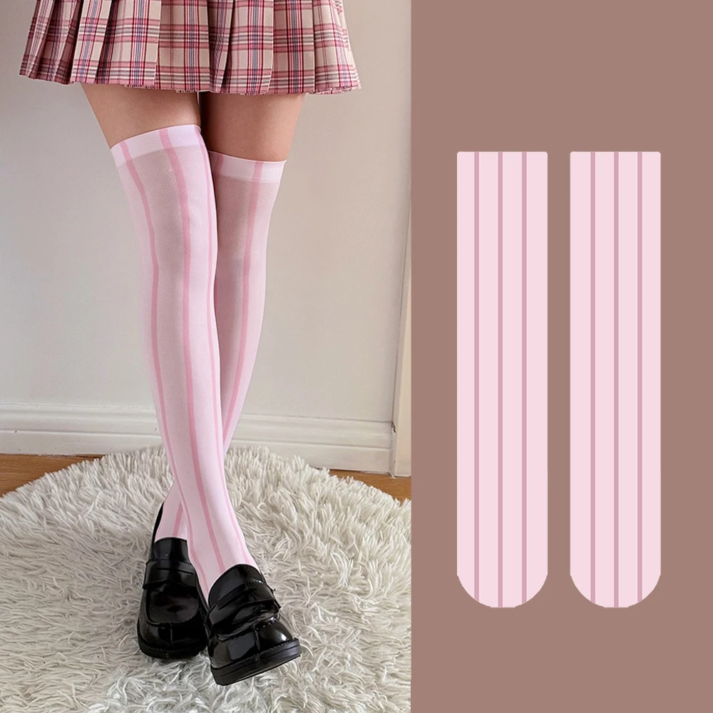 

Kawaii pink striped ladies printed stockings Harajuku knee high socks Anime style cosplay socks