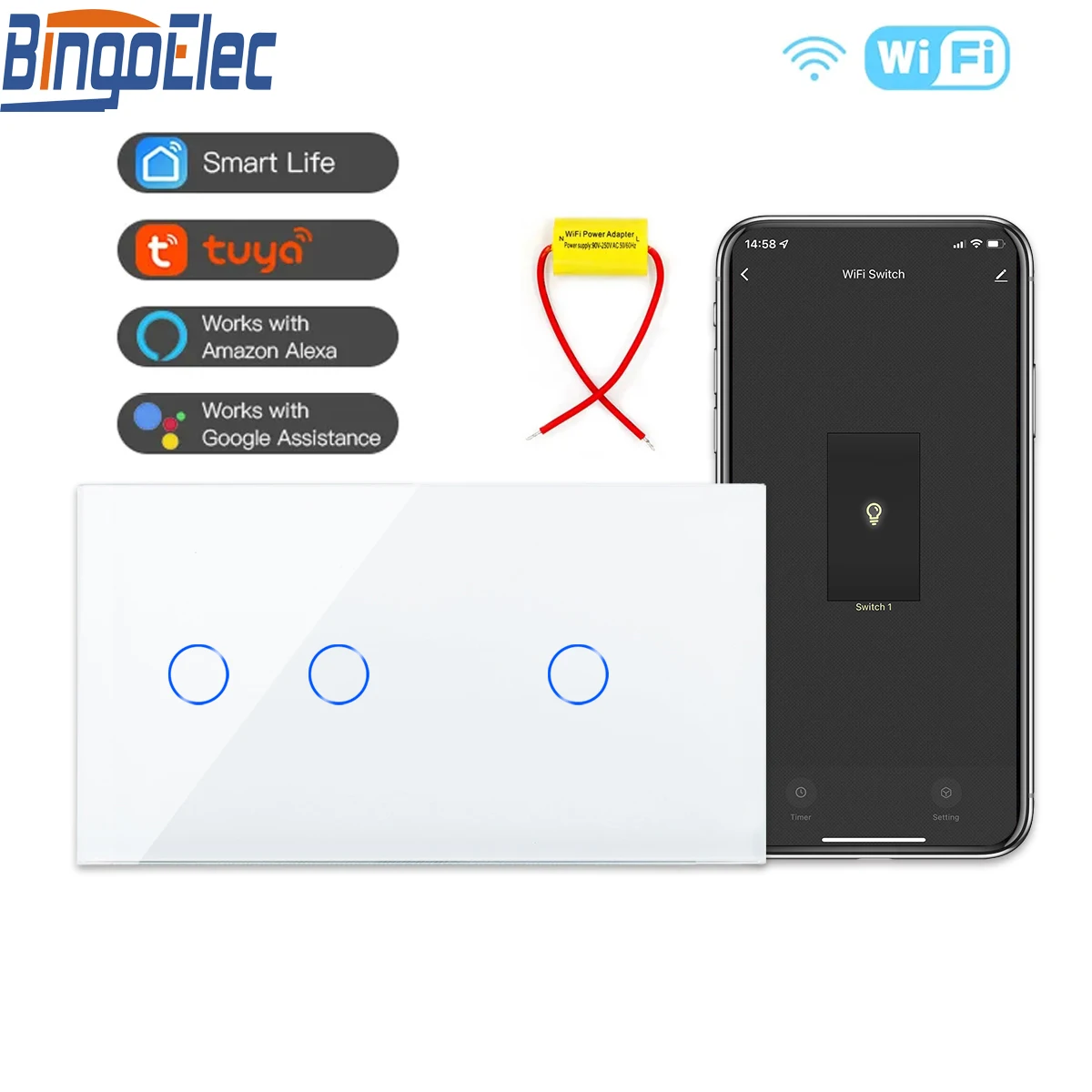 Bingoelec Inteligente Toque Interruptor Wifi Interruptor de Luz Parede Tuya App Alexa Interruptor sem Fio Neutro Gang Gang Gang Gang 6gang Way 3way Caminho