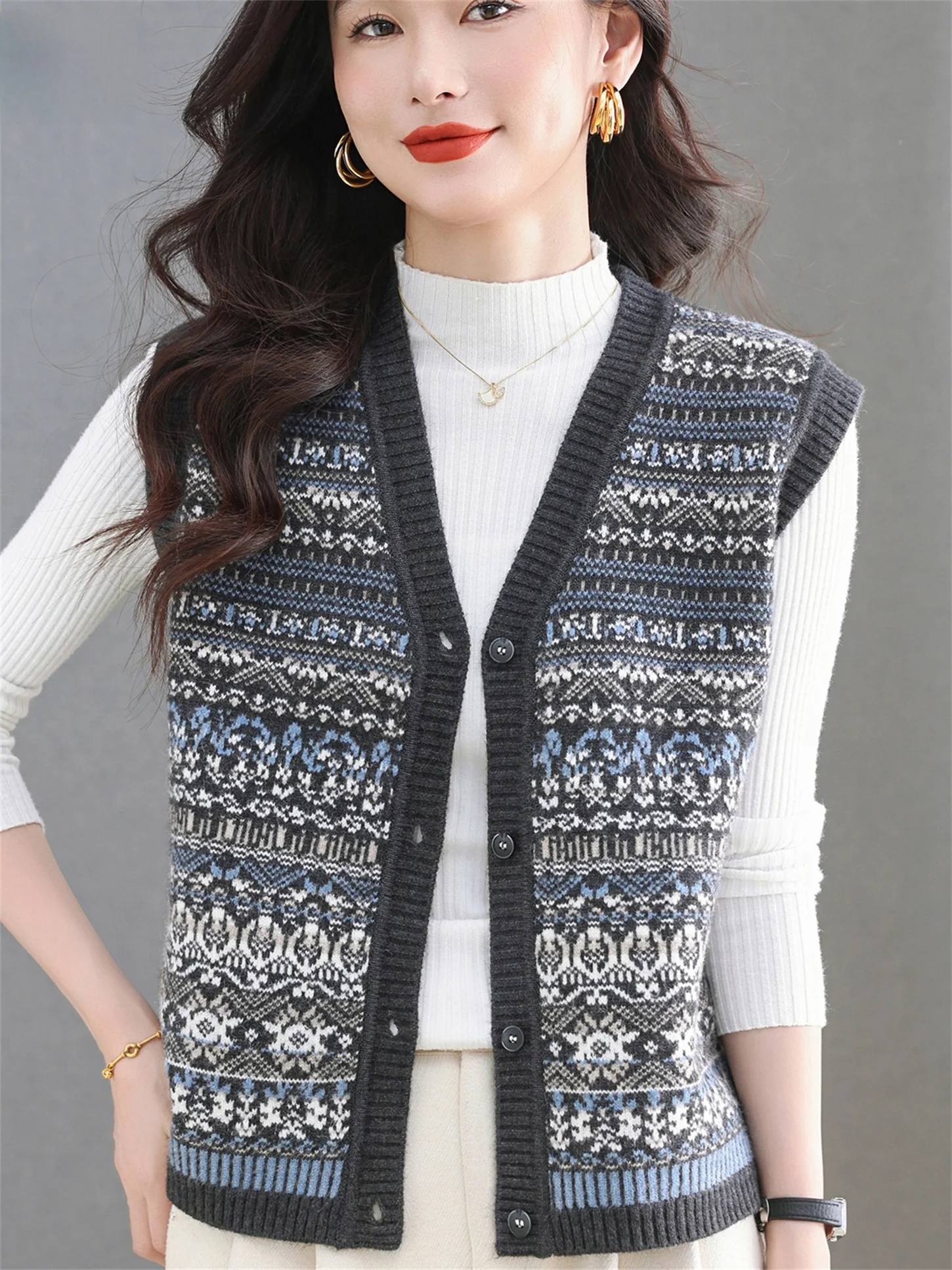 

Faionable V-Ne Wool Knitted Vest Loose Svel Mid-Aged Mommy Sle Spring Autumn New Arrival for aped Women
