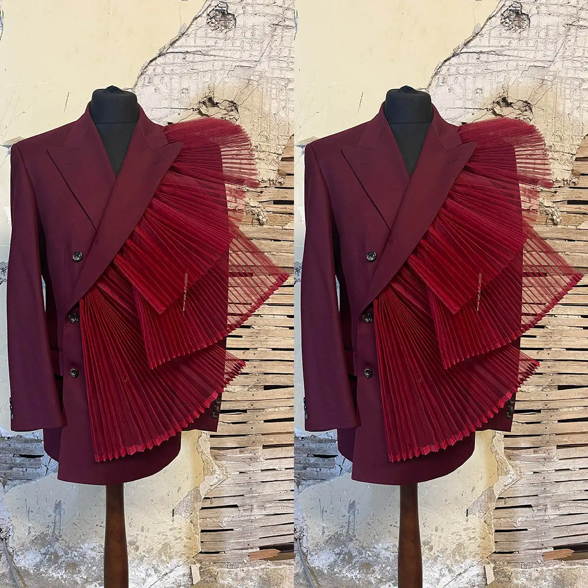 

Unique Desinger Women Blazer Dress Burgundy Pleats Evening Party Women Tuxedos For Wedding Only Jacket