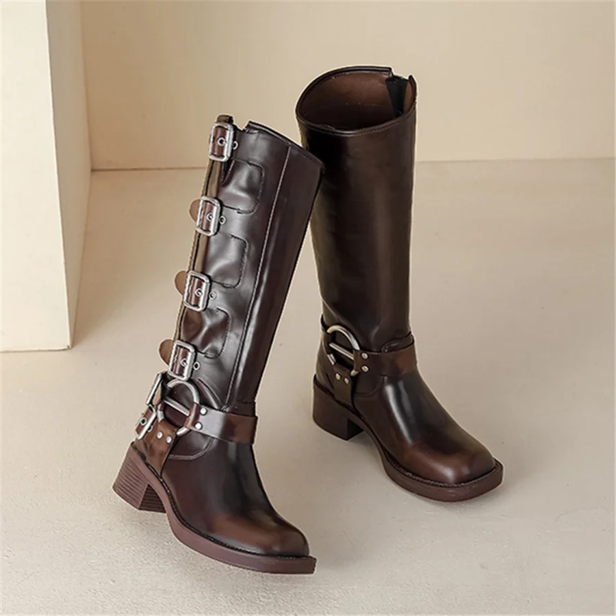 2024 New Women Knee High Boots Buckles Chunky High Heel Western Cowboy Long Botas Mujer Brown Gladiator Rubber Shoes Big Size