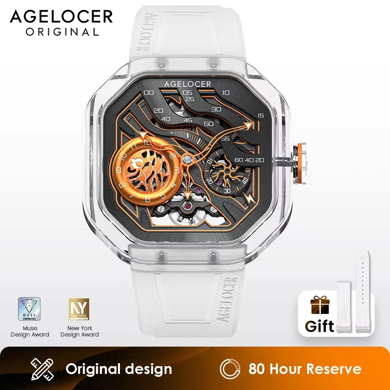 AGELOCER Men's Volcano Watch Original Skeleton Automatic Mechanical Square Crystal Case Luxurious Birthday Gift for Men