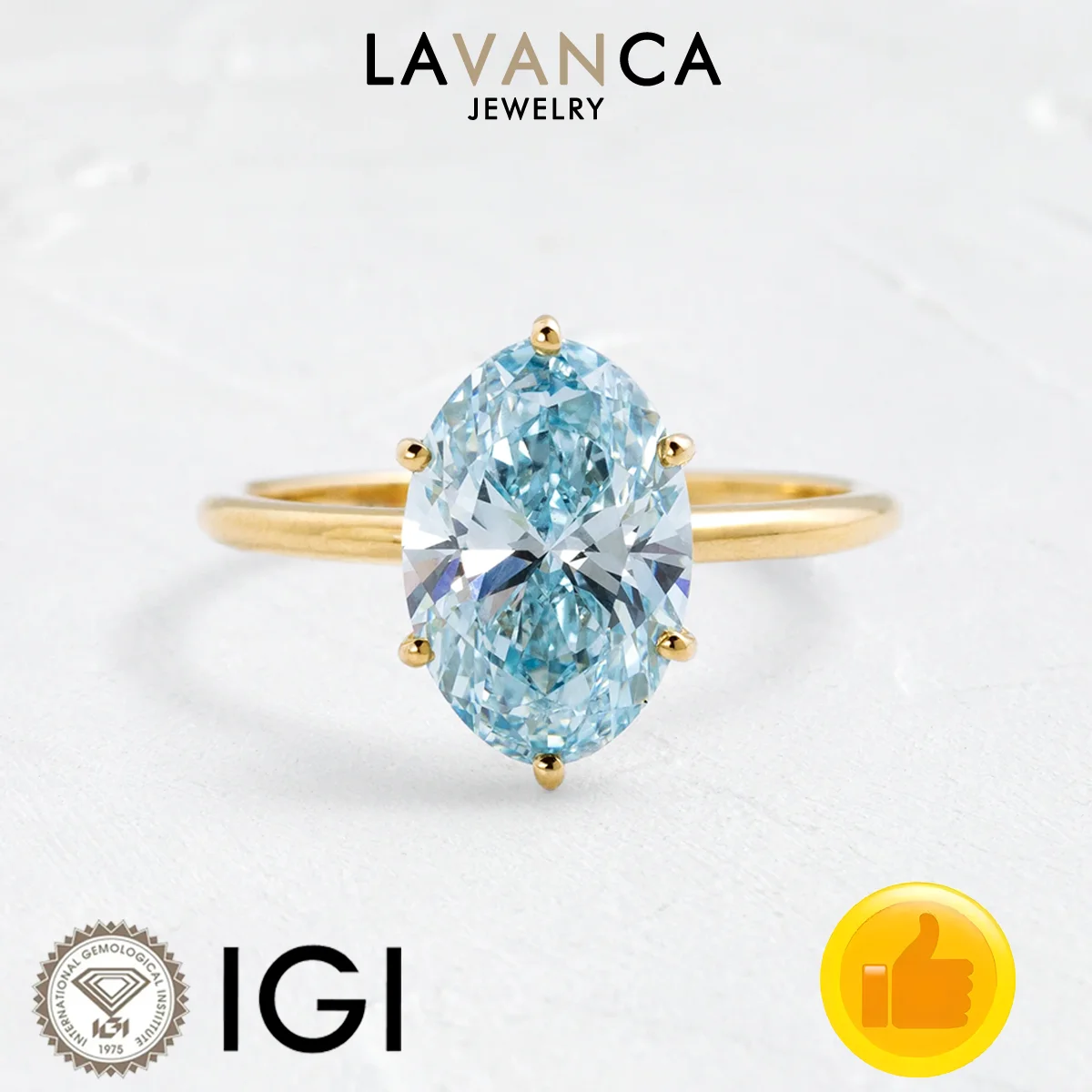 Blue Oval Cut Lab Diamond Ring IGI Certified Lab Diamond Solitaire Style Ring 9K/14K/18K Yellow Gold Engagement Ring For Women