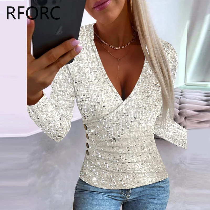 2023 Women Solid Sequins Button Decoration Deep V Neck Long Sleeves Skinny Pullovers Tops