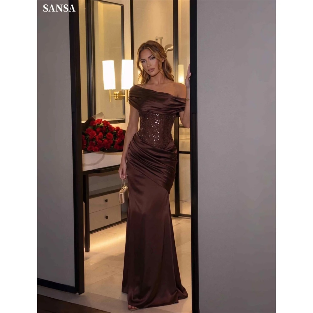 Sansa Custom Brown Off Shoulder Sequin Satin Mermaid Prom Dress Ruched Long Formal Evening Gown For Wedding Party Homecoming