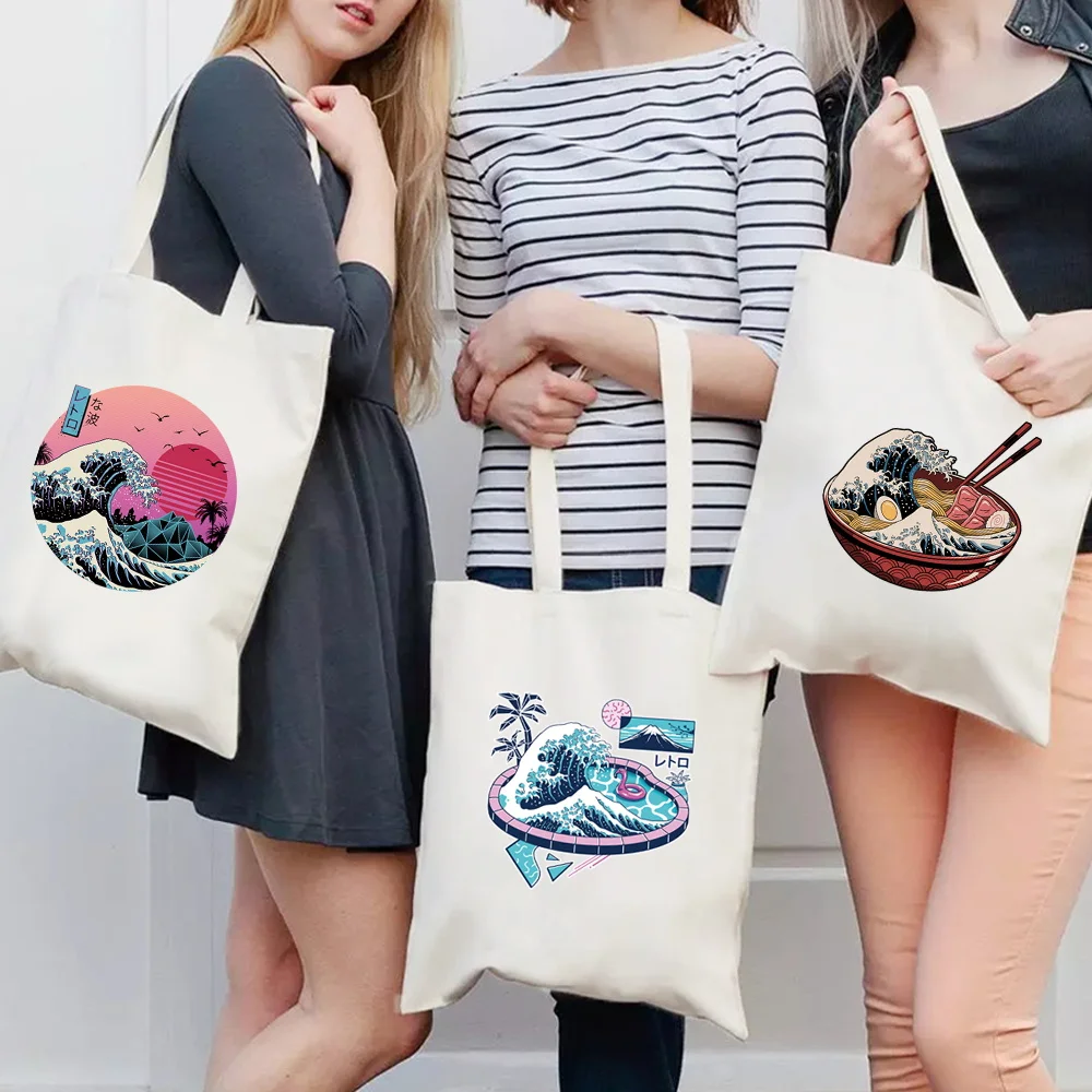 Daily Use Shopping Bag Women Out Tote Bag Shopper Reusable Foldable Canvas Wave Printing Fashion New Shoulder Bag Casual Handbag