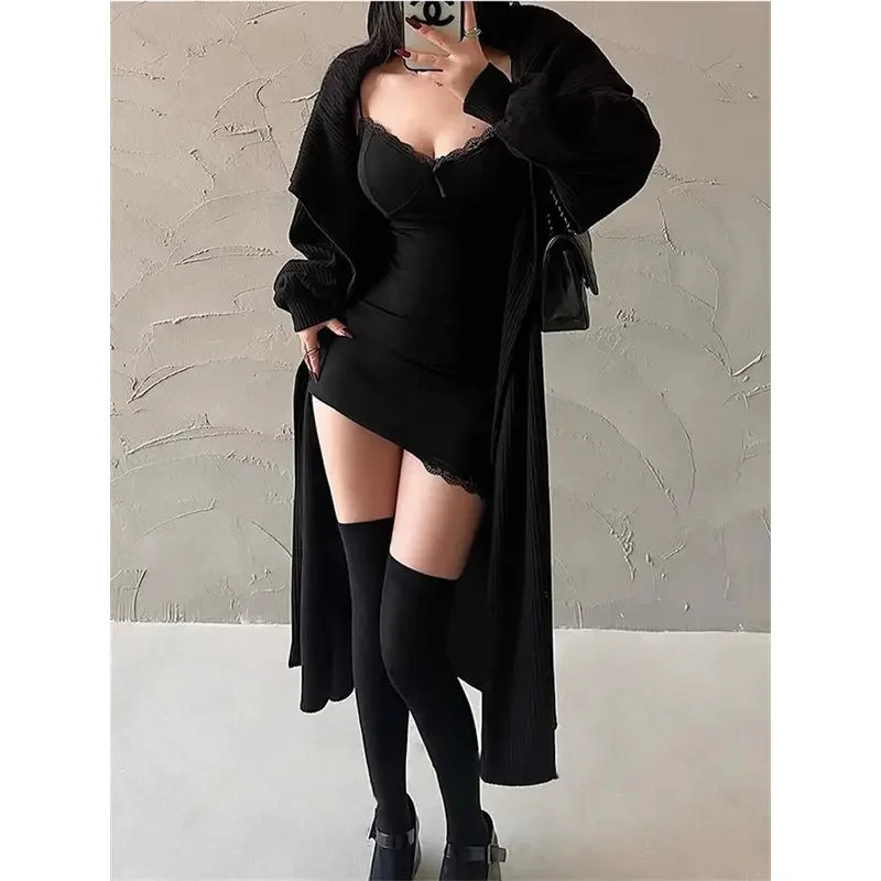 2026 Summer Y2K Women Bodycon Mini Dress Retro Lace Patchwork Spaghetti Strap Bow Decor Sexy Club Party Black Dress