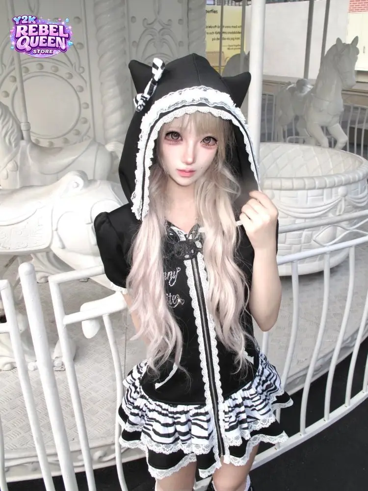 Gothic Sweet Lolita 2 Piece Set Women Cat Ears Hood Lace Trim Zip Up Crop Top Ruffle Hem Slim Fit Mini Dress Party Outfit