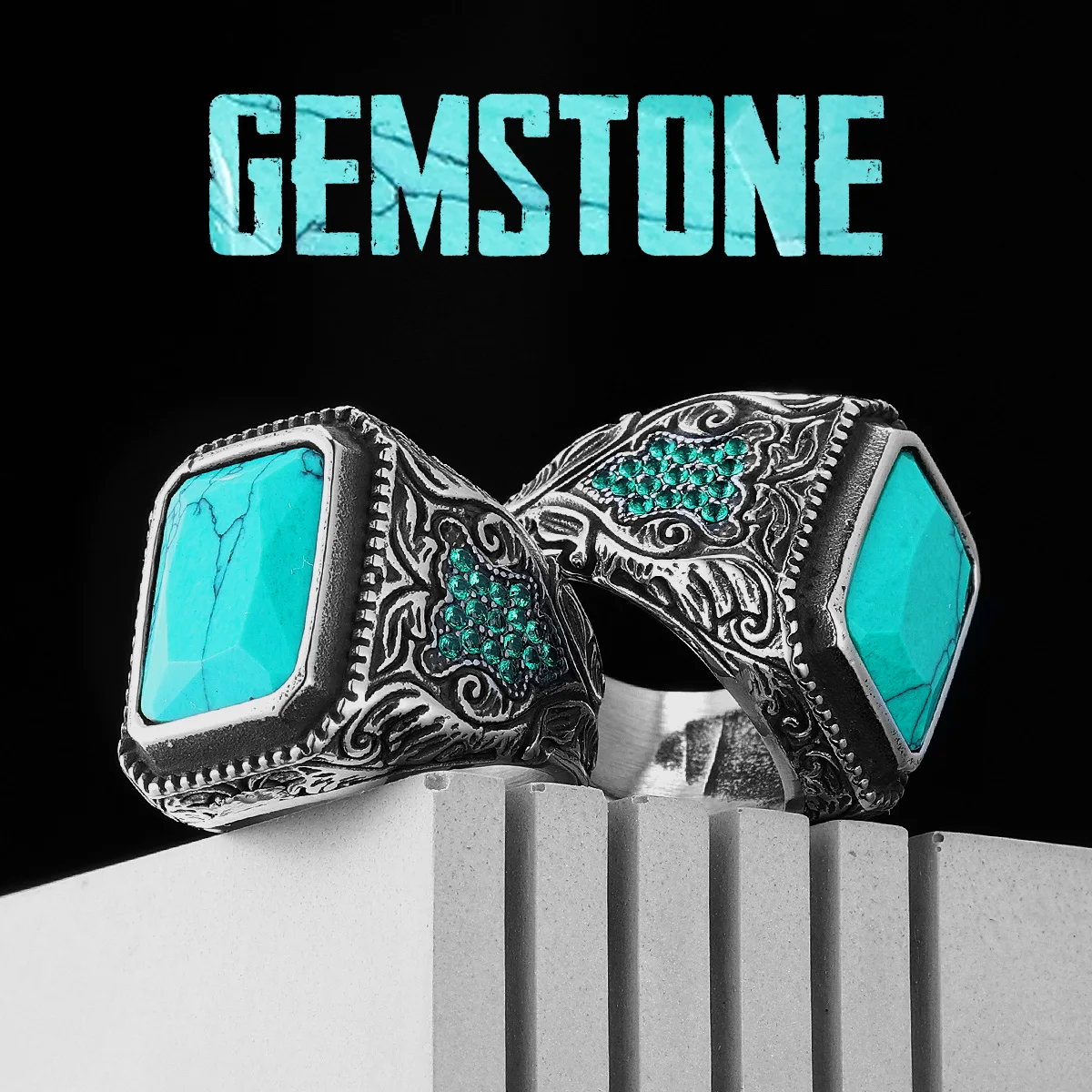 

Turquoise Gemstone Simple Trendy Stainless Steel Men Rings Punk New In For Male Women Fashion Jewelry Creativity Gift Wholesale