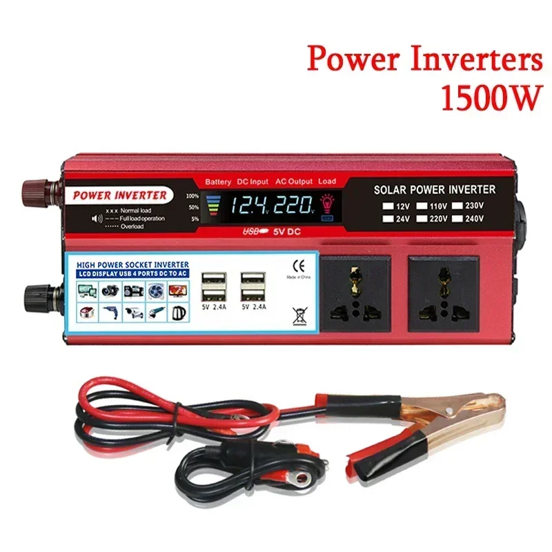 

1500W Pure Sine Wave Inverters DC 12V/24V To AC 110V/220V Transformer Double Socket Power Converters Solar Inverters LED Display