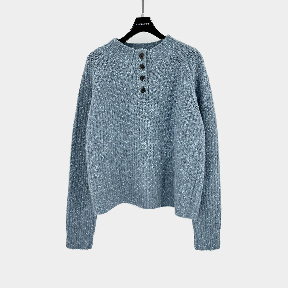 Wool-Blend Women's T-Shirt Y2K Button Detail Simple Elegant Commuter Round Neck Long Sleeve Base Layer Top 2025 Fall/Winter New