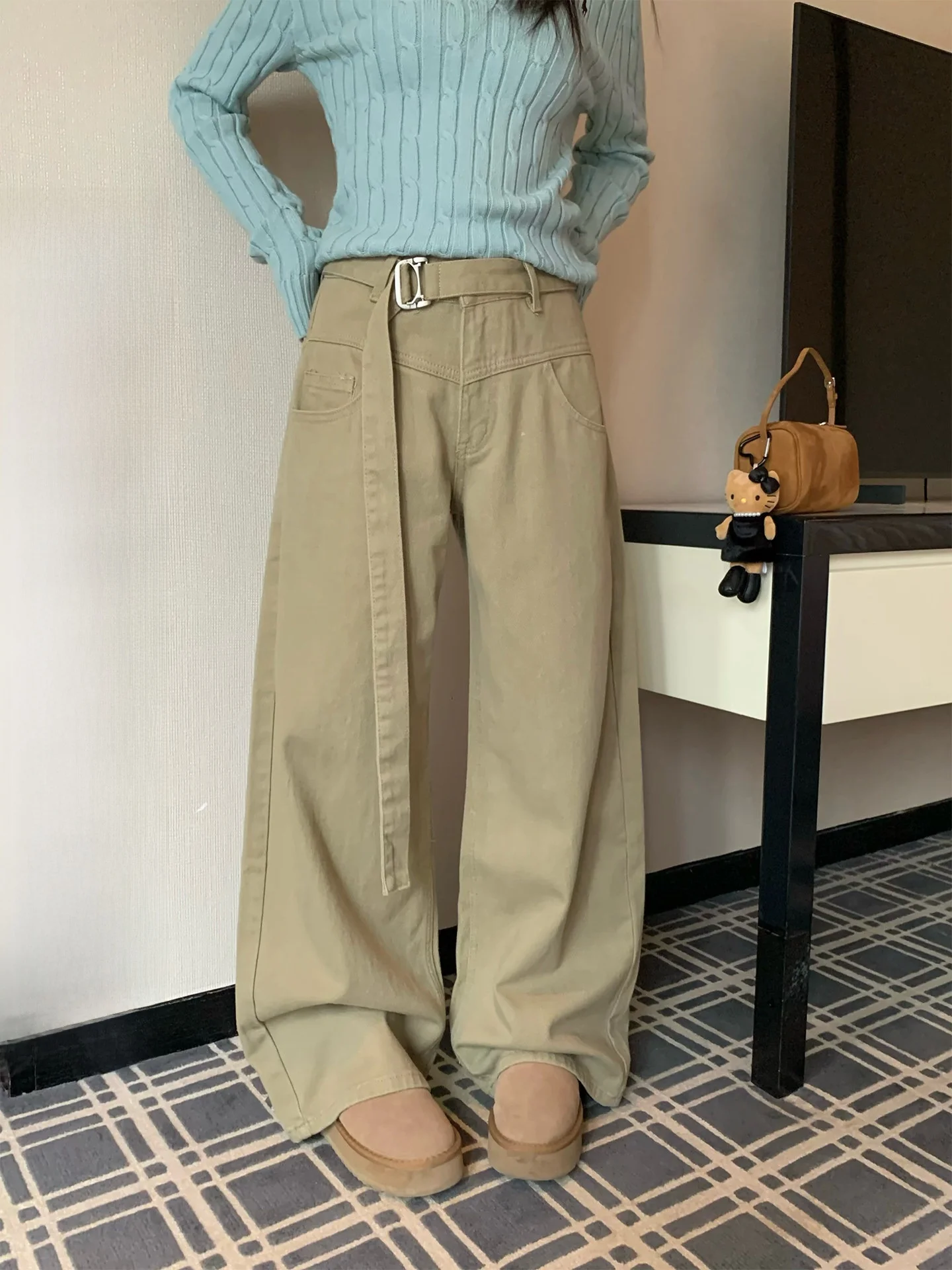 

Korean Sle Khaki Straight Leg Casual Pants Women with Belt Autumn Winter Wide Leg Loose Floor-Length Trousers