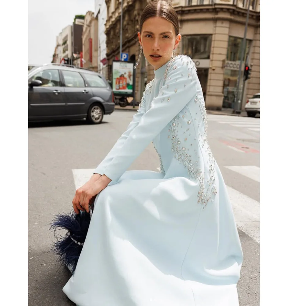 

Customized A-line Evening Dresses Ankle-length High-neck Full Sleeve Prom Gown Fashion Crystal Simple Draped Party Gown