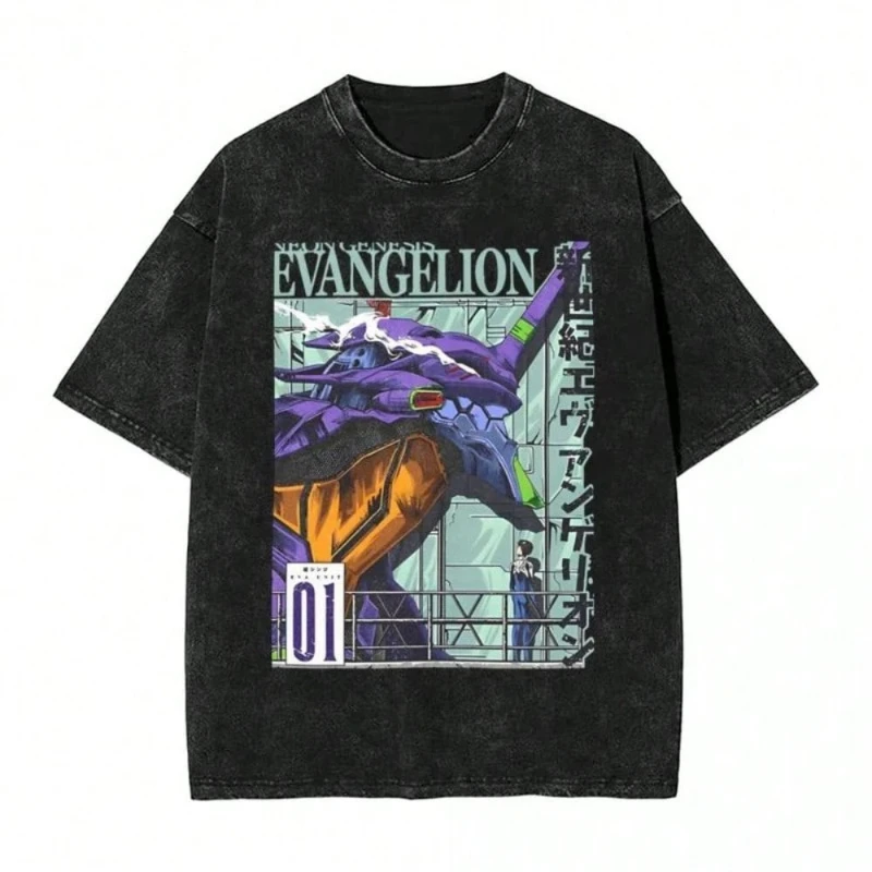 New Century Evangelion Anime, geeignet für Männer und Frauen, Four Seasons Retro, Old Cotton Washed T-Shirt, Harajuku Herren Top