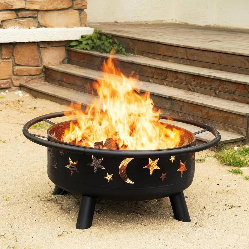 

32 Inch Round Fire Pit with Mesh Cover, Fire Poker, Star and Moon Design, Metal Wood Burning Outdoor Firepit for Patio,