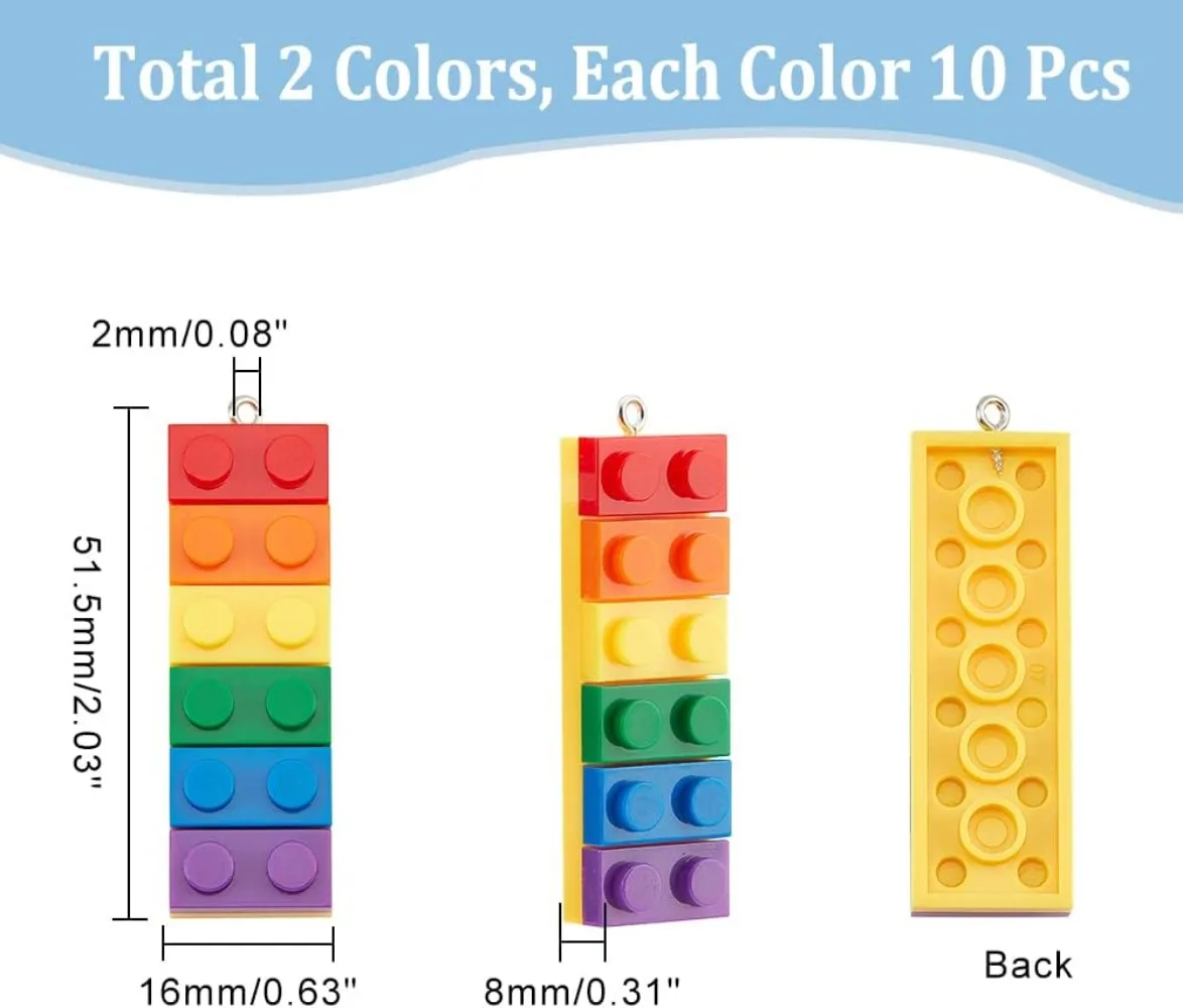 20Pcs Building Block Charms Rainbow Color Opaque Acrylic Pendants Rectangle Building Block Charms with Iron Loop making kit