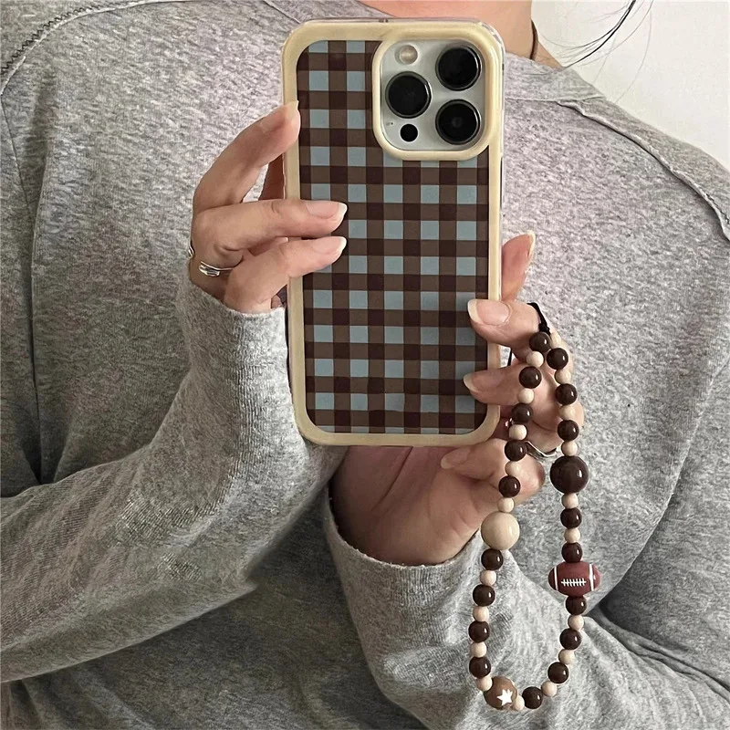 

Crystal transparent white light yellow brown grid phone case with chain for iPhone 11 12 13 14 15 16 promax
