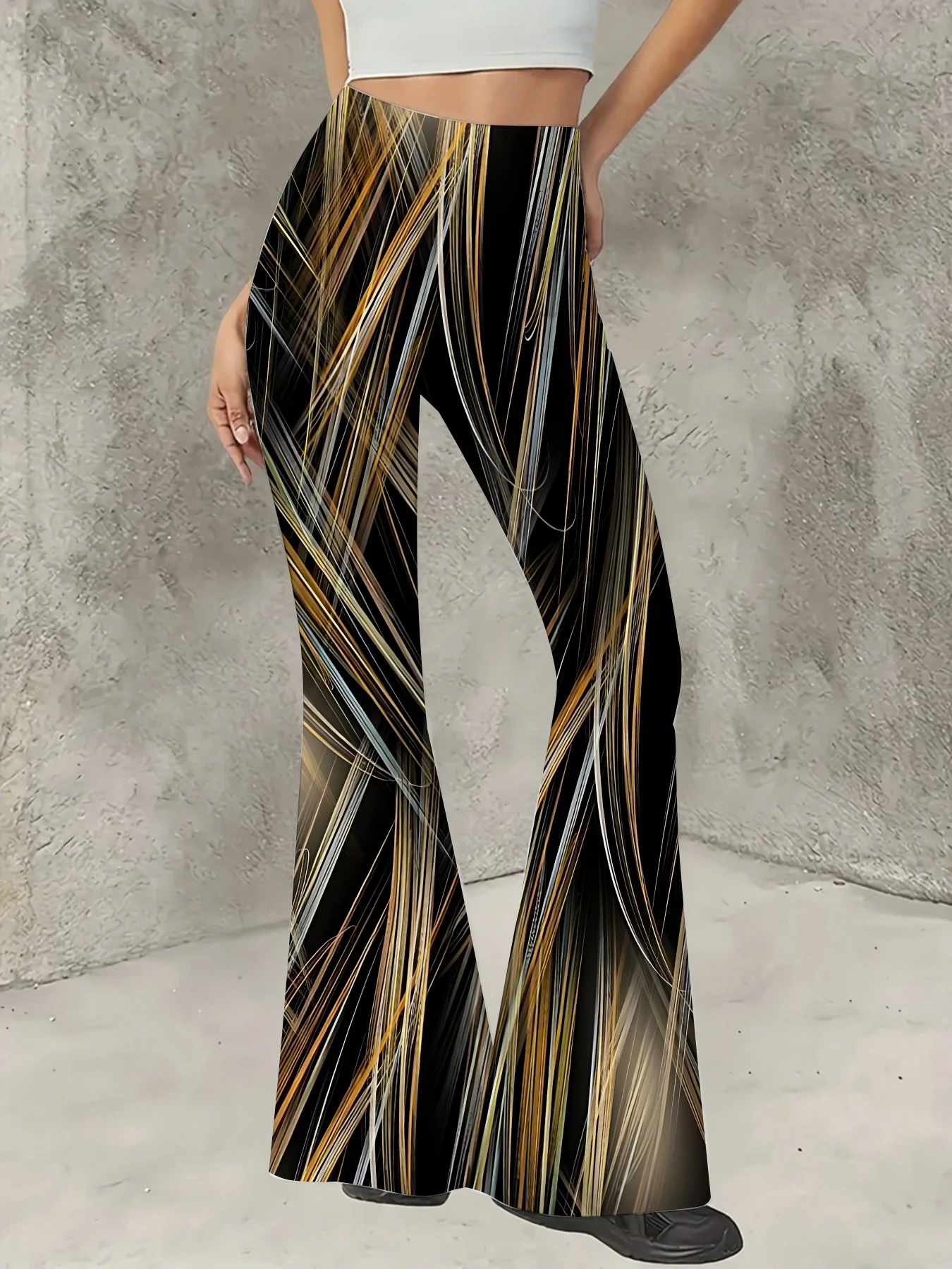 

Women's Boho Printed Flare Pants Vintage Knit High Waist Wide Leg Trousers