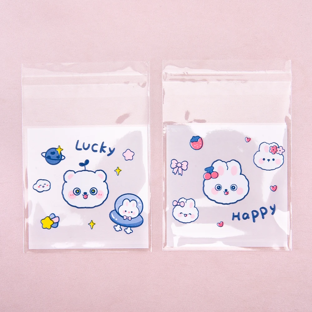 

50pcs Cute Little Bear And Bunny Printed Self-sealing Bag Transparent Cartoon Opp Bag Festival Gift Small Bags Jewelry Packaging