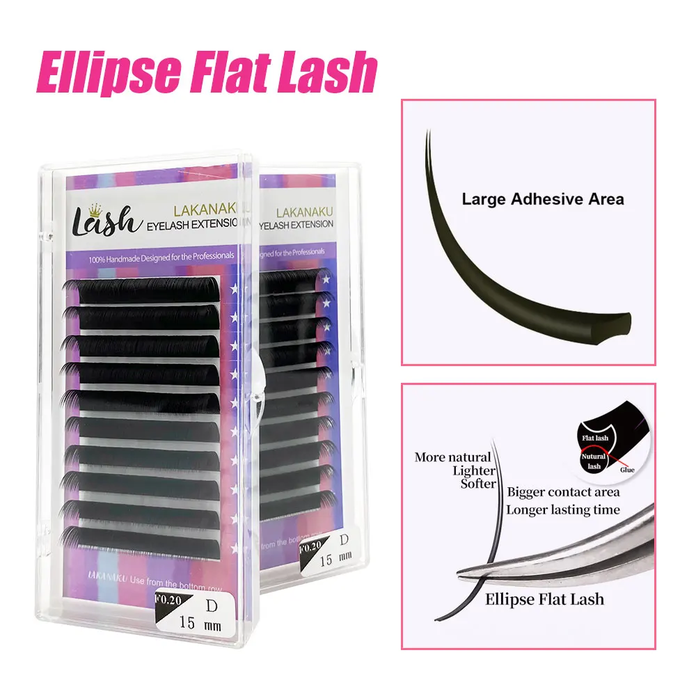 LAKANAKU Flat Ellipse Eyelashes Split Tips Lashes 0.15 0.20 Matte Black Super Soft Natural Eyelash Extension