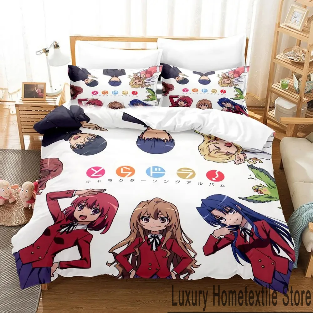 Juego de cama de Anime tiger× Dragon Toradora, funda de edredón, funda de almohada, edredón, tamaño king, Queen, ropa de cama para niños y adultos