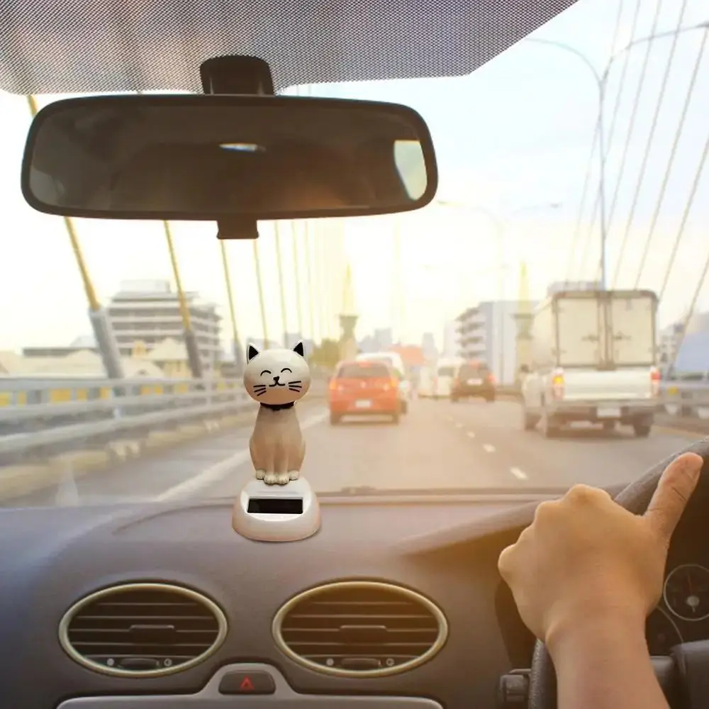 Resin Solar Powered Cat Ornament Solar Energy Driven Cartoon Cat Figurine No Battery Needed Automatic Car Dashboard Decor