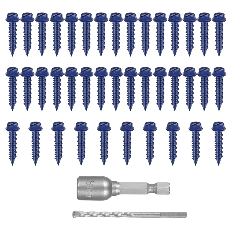 T21C 40Pcs Efficient Masonry Fasteners Hexagonal Head Concrete Screw Anchors with Drill Bit & Driver Stucco Screws Anchors