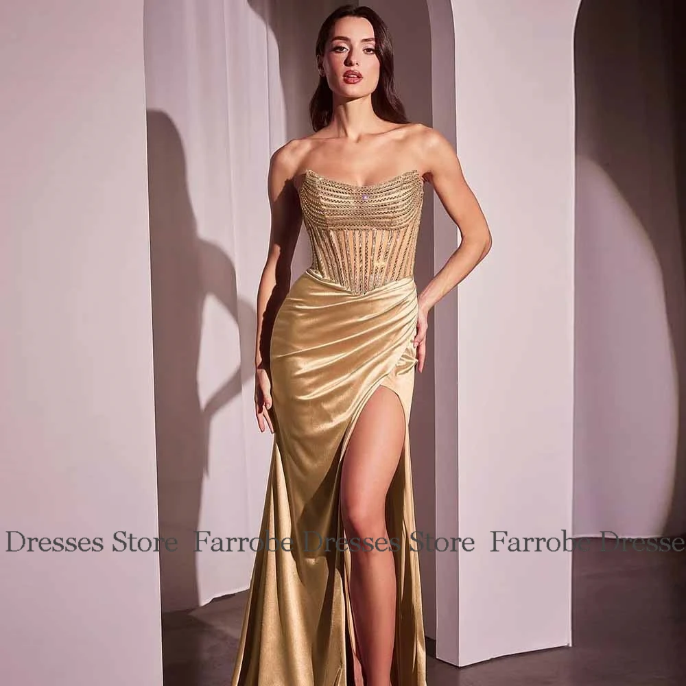 Sexy Evening Dresses 2025 Satin Sheath/Column Party Dresses Black Strapless Rhinestones/Crystals Pleat Side Split Prom Dresses