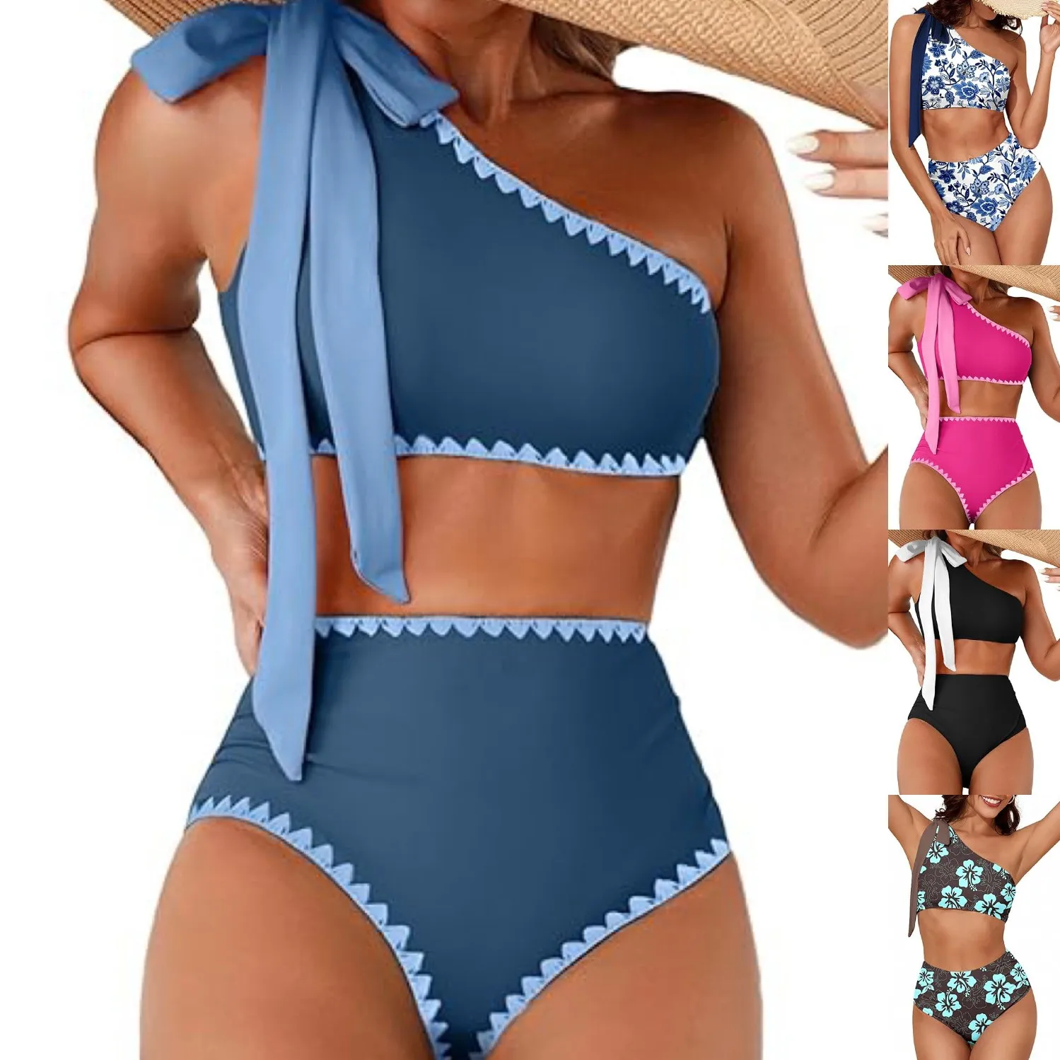 Women's Two-piece Bikini High Waist Bottom Tie Neck Top Bikinis Sleeveless Cropped Swimsuit One Shoulder Two Piece Swimsuit