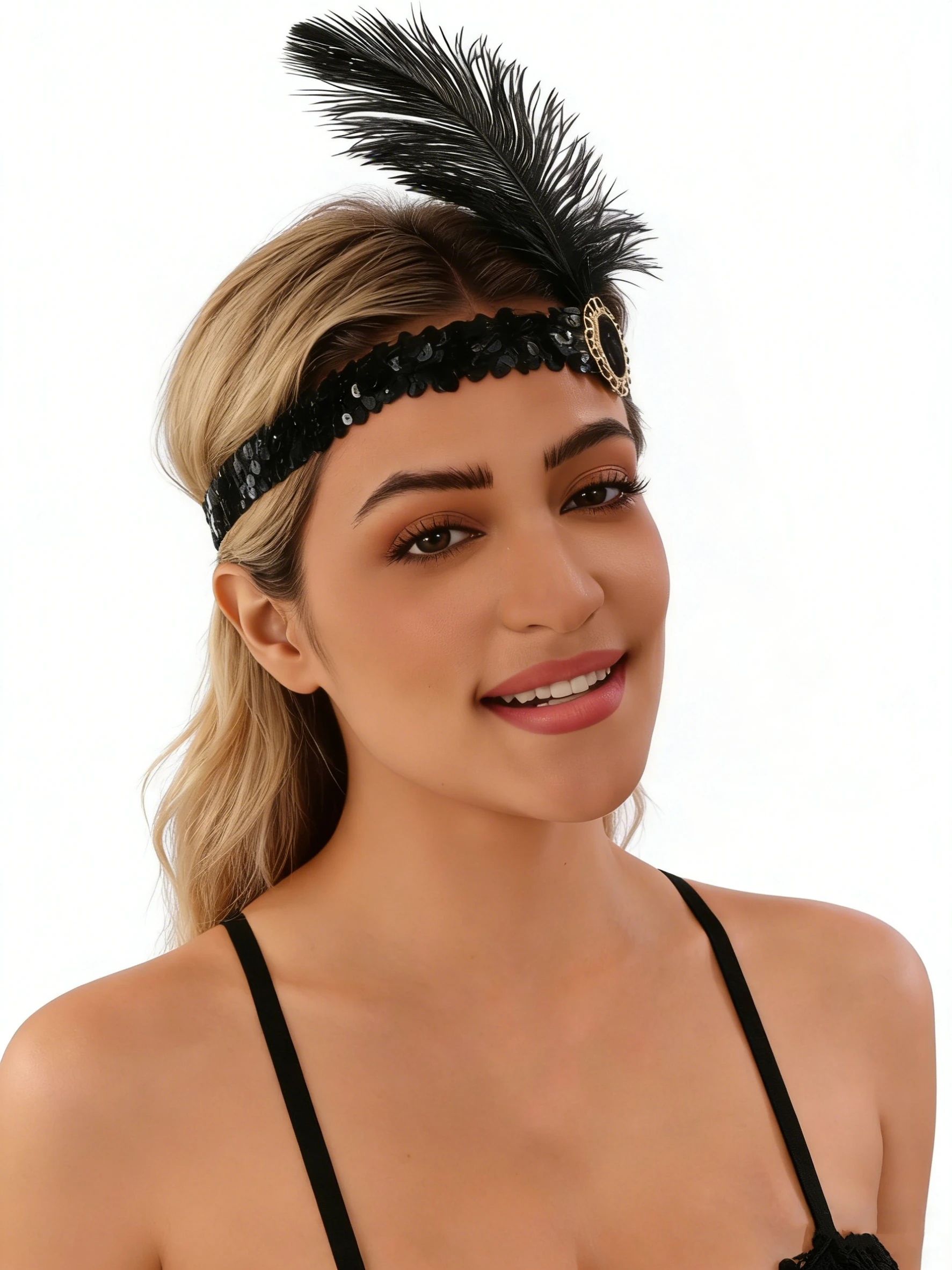 1920s Flapper Headband Feather Headpiece Sequin Headband with Gem for Gatsby Party Halloween Costume Accessory - view 2