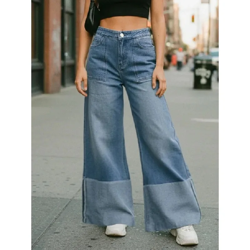 

Women's Fashion Contrast Color Patchwork Denim Jeans High Waisted Wide Leg Loose Pockets Streetwear Trousers Bottoms