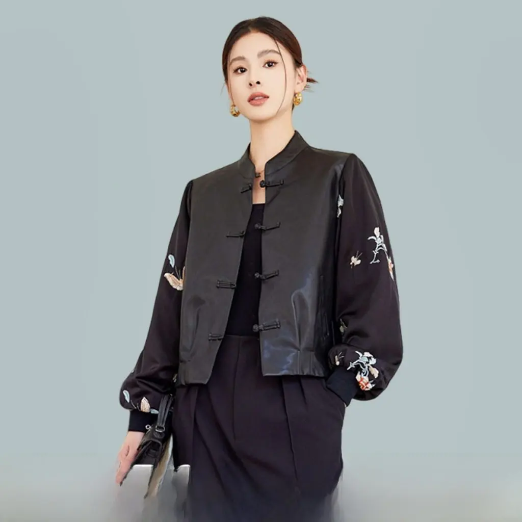 Women's Chinoiserie Spliced Leather Jacket Short Retro National Style Stand Collar Jacquard Disc Button Detail Outerwear
