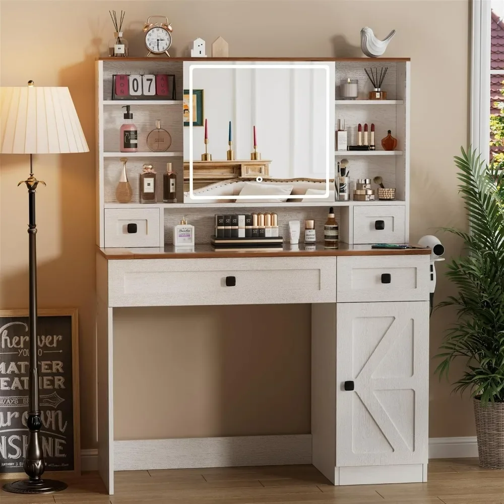 Vanity Desk with Sliding Mirror and Lights, White Vanity Table with Power Strip Hooks, Hidden Shelves, Girls Bedroom Vanities