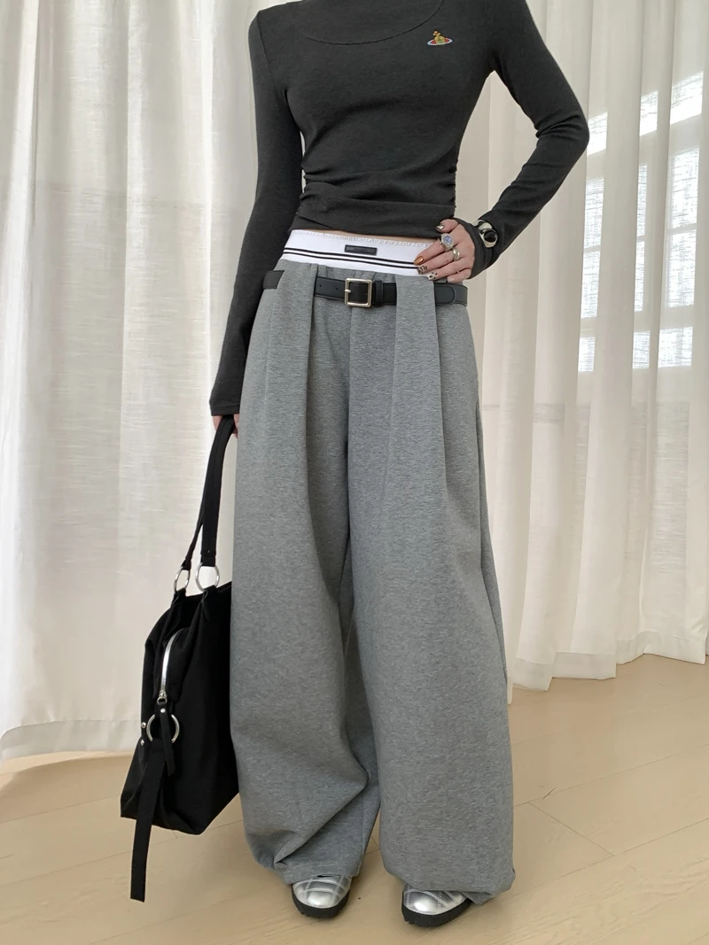 

Женские свободные брюки с высокой талией и широкими штанинами, весенние повседневные брюки, струящиеся, с эластичным поясом, модные, для офиса и повседневной носки