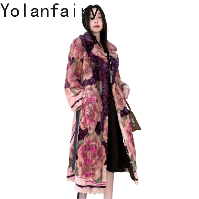 YOLANFAIRY abrigo de piel auténtica para mujer, abrigo largo holgado de invierno, chaqueta de piel de visón empalmado, traje de mujer con cuello, abrigos de piel florales, chaquetas