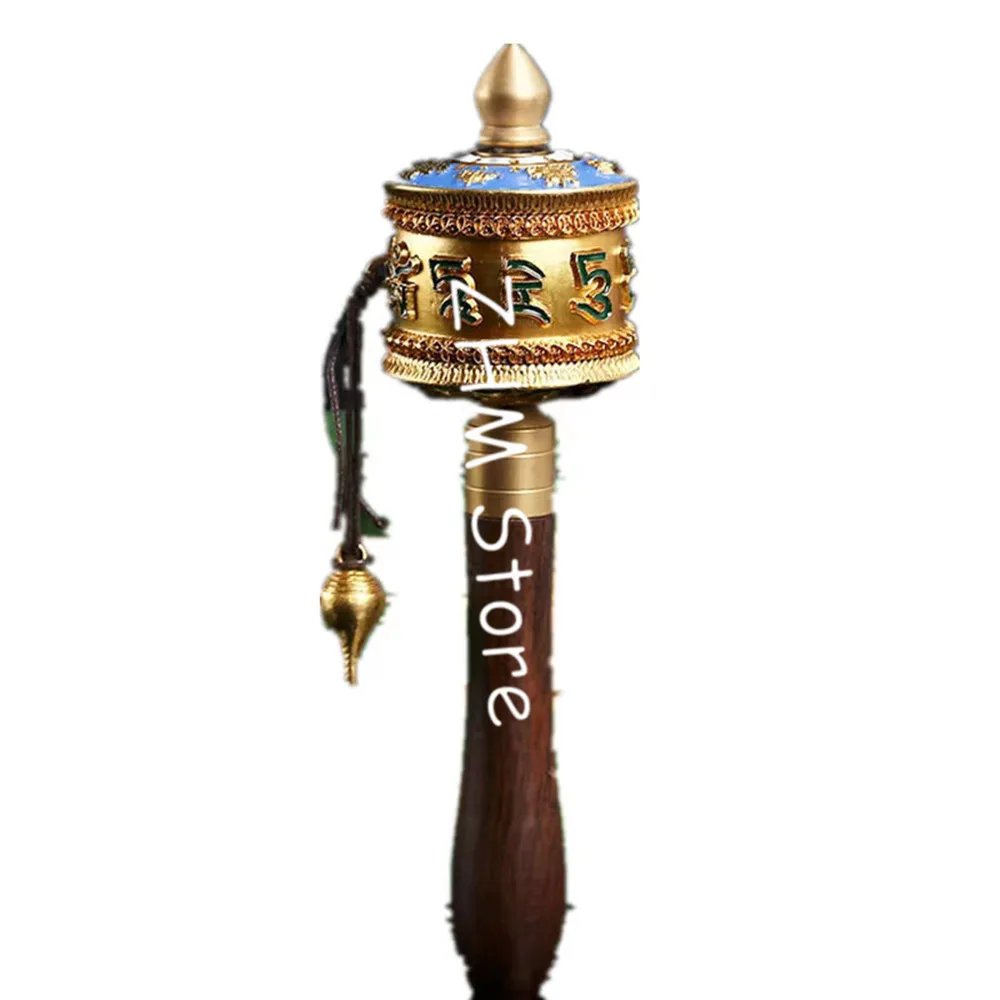 18.5cm Pure Copper Buddhist Tranic Suppliers Smooth Quiet Green Tara Scripture Hand Cranking Prayer Wheel Crafts