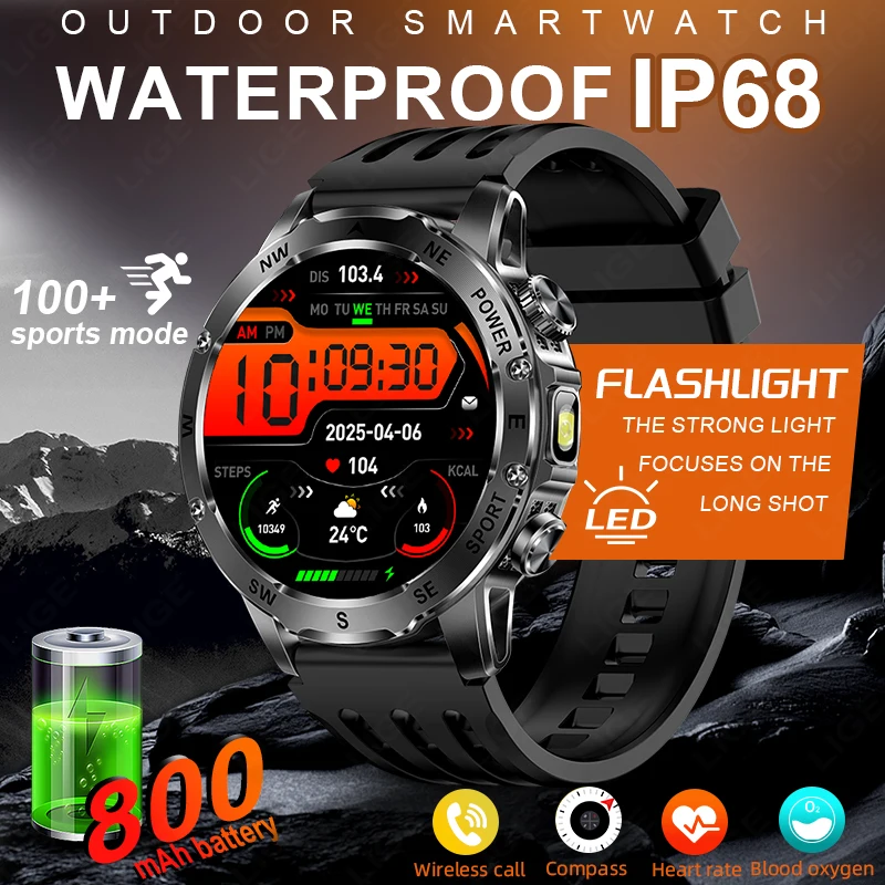 

LIGE Compass Men Bluetooth Call Health Monitor Smart Watch 800mAh High-capacity Battery IP68 Waterproof Sports Fitness Watches