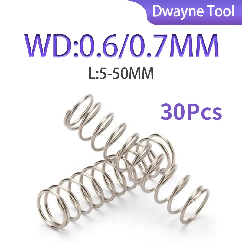 30Pcs WD0.6/0.7mm, OD3-12mm, L 5-50mm 304 stainless steel small compression spring, covering industrial/toy/vending machine/DIY