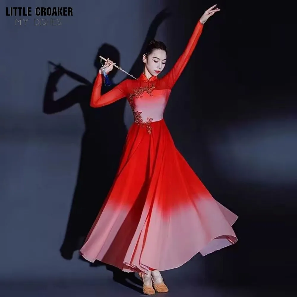 80´s Festival Red Dance Costume Clothing Show Woman Stage Long Sleeve  Modern Dance Dress Chinese Dance Clothing