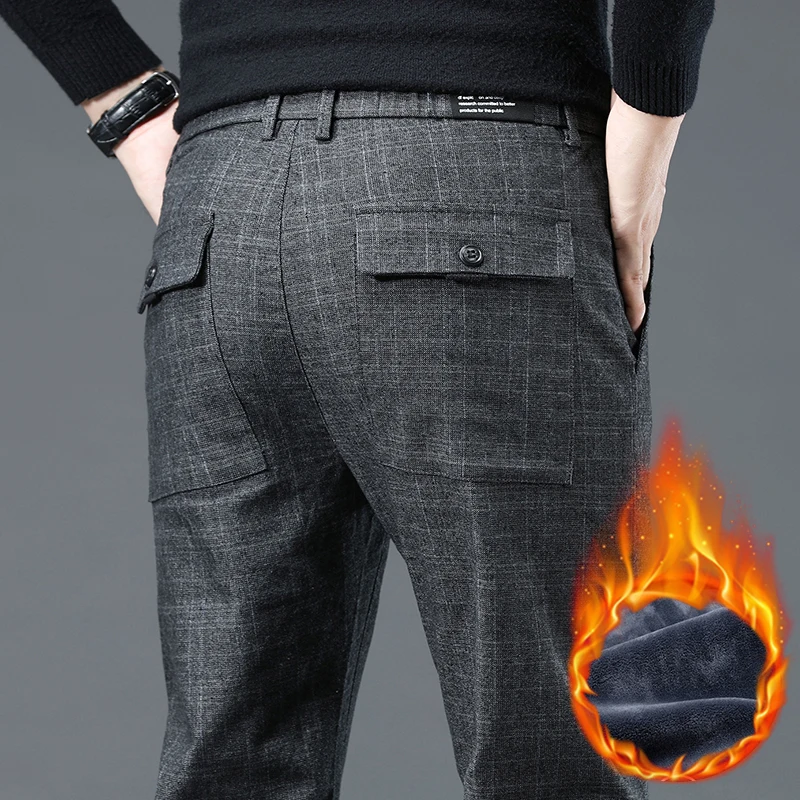 

Autumn Winter New Fleece Thickened Casual Pants Men Business Straight Slim Plaid Pants Black Gray Men's Warm Trousers