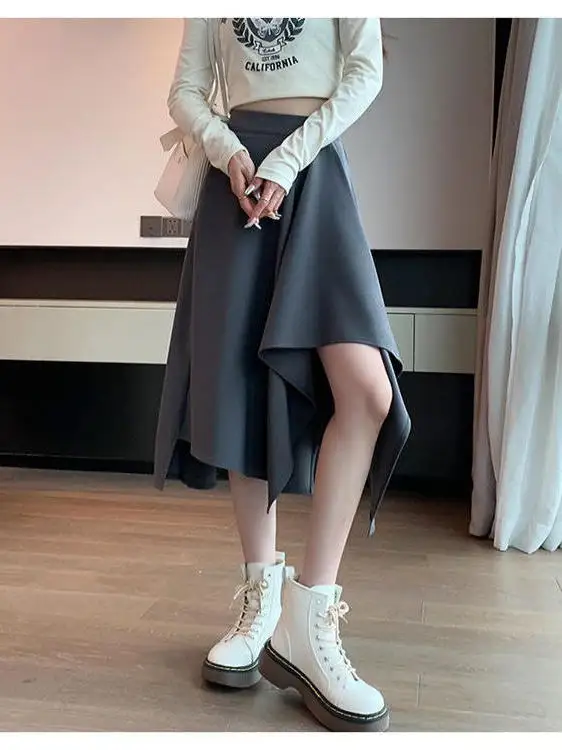 Asymmetrical High Waist Midi Skirt for Women in Black A-Line Silhouette Spring 2025 New Style Commute Length Summer Season