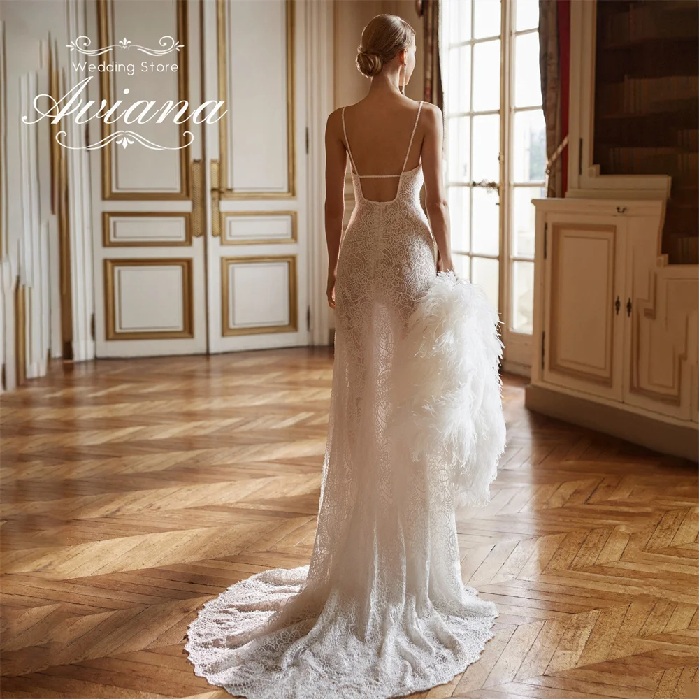 Abito da sposa a sirena con ricamo in pizzo Aviana personalizzato, cinturino per spaghetti, senza schienale, senza maniche, con fiocco, lunghezza del pavimento, elegante